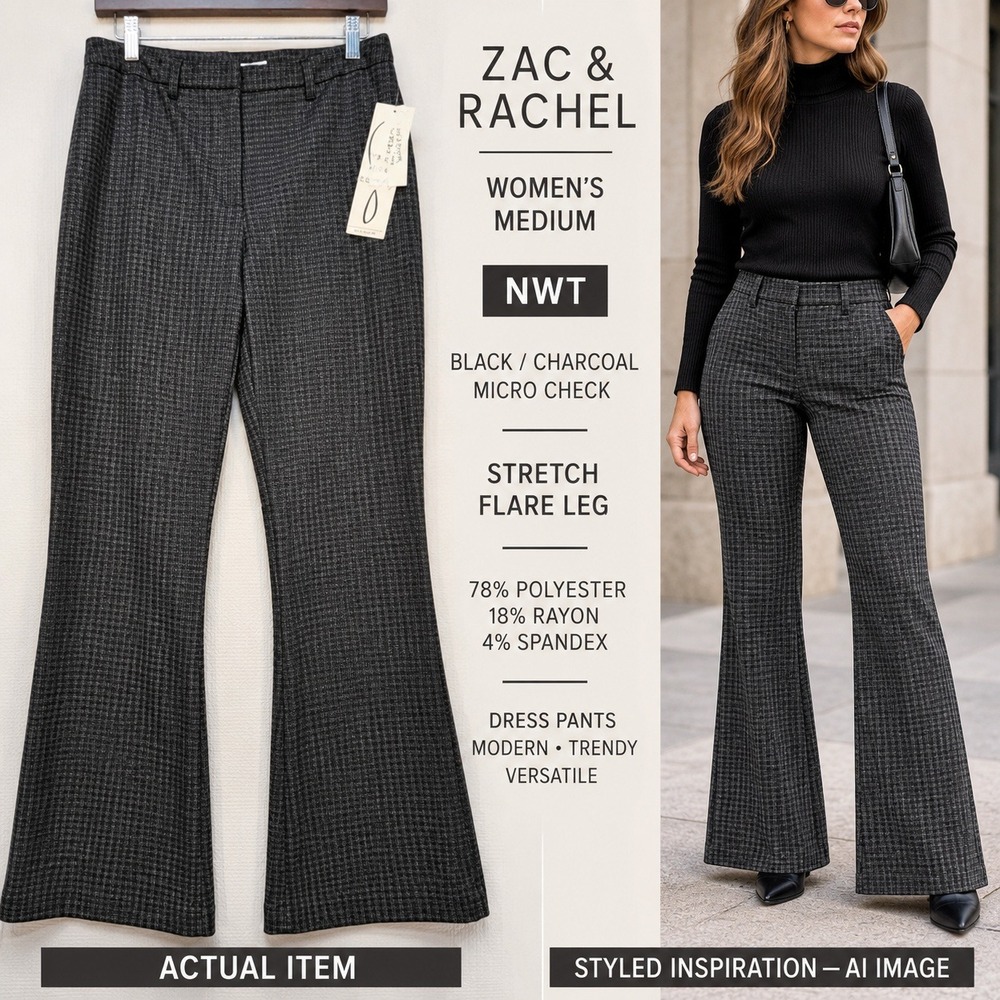 NWT Zac & Rachel Grey Plaid Houndstooth Flare Pants Millennium Fabric Medium